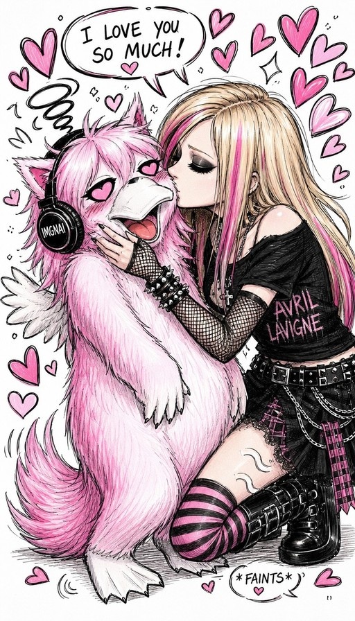 A blonde girl in a black punk outfit kisses a blushing pink platypus wearing headphones on the cheek while it faints with love.