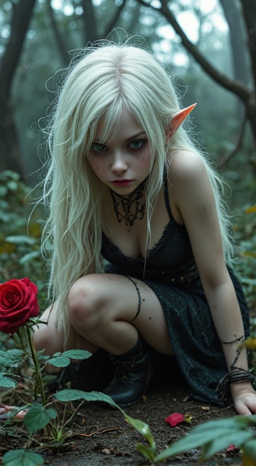 A pale gothic elf with long white hair and pointed ears crouches in a misty forest next to a single red rose.