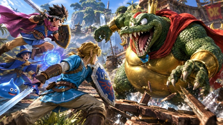 Link and Dragon Quest heroes including a blue slime and wizard battle King K. Rool in a jungle setting.