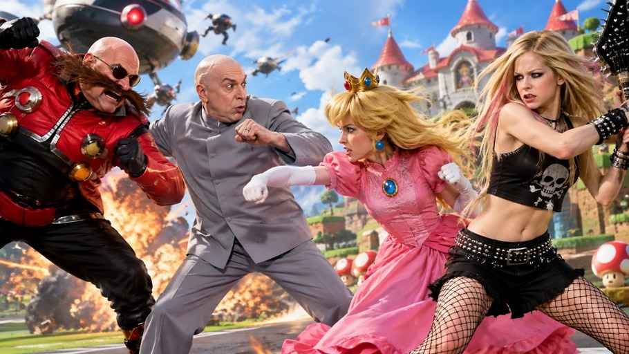 Princess Peach and Avril Lavigne battle Dr. Robotnik and Dr. Evil amidst explosions and a castle backdrop.