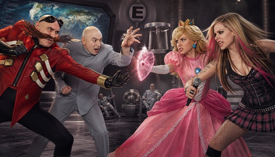 A digital illustration showing Dr. Robotnik and Dr. Evil confronting Princess Peach and Avril Lavigne in a villain's lair.