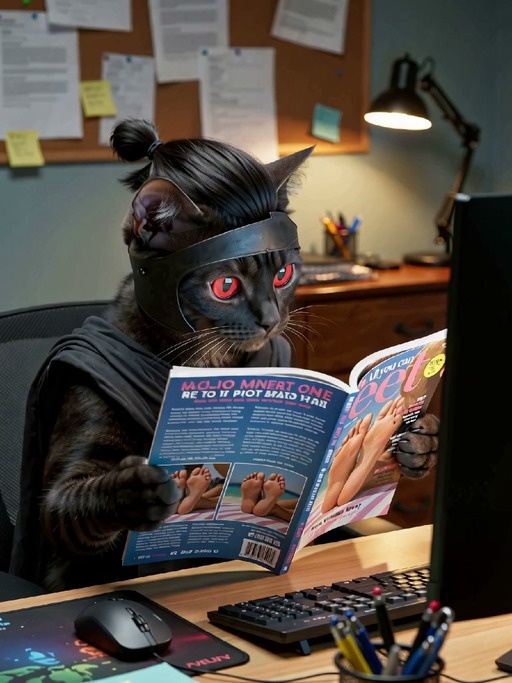 An anthropomorphic black cat wearing a headband sits at a computer desk reading a magazine, then looks up as another cat in a formal suit enters the room.
