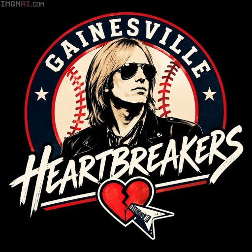A stylized logo of Tom Petty with sunglasses inside a baseball design labeled Gainesville Heartbreakers with a broken heart and guitar.