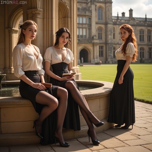 Three young women in Victorian-era clothing pose in a historic stone courtyard; two sit on a fountain edge holding books while one stands nearby.