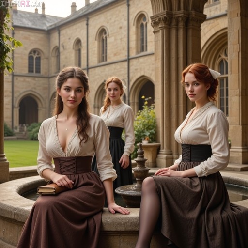 Three women in late-Victorian attire pose by a stone fountain in an Oxford University courtyard, one holding a book.