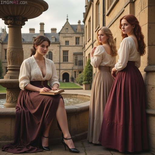 Three young women in late-Victorian attire pose in a historic stone courtyard; one sits on a fountain holding a book while two others stand nearby.