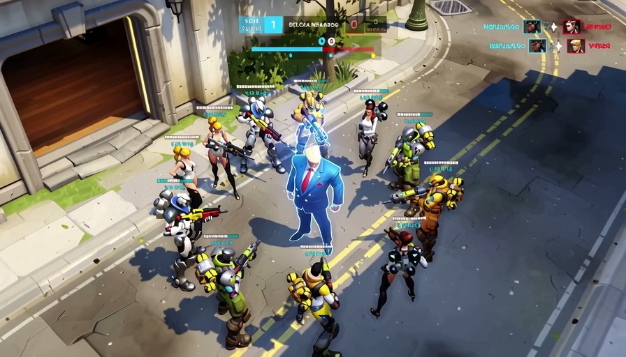 Gameplay footage of a Donald Trump character in a blue suit using abilities in an Overwatch-style game.