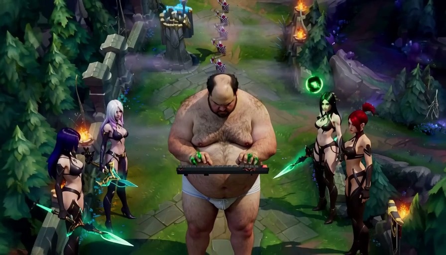 A morbidly obese balding man in white underwear stands on a fantasy battlefield holding a computer keyboard. He types rapidly while green text bubbles appear above him, and he attacks enemy champions with glowing green energy waves emanating from the keys.