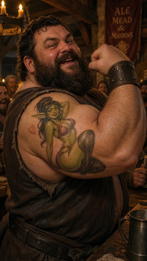 A burly bearded man flexes his muscular arm in a medieval tavern, displaying a large pin-up tattoo of a green-skinned goblin girl on his shoulder.