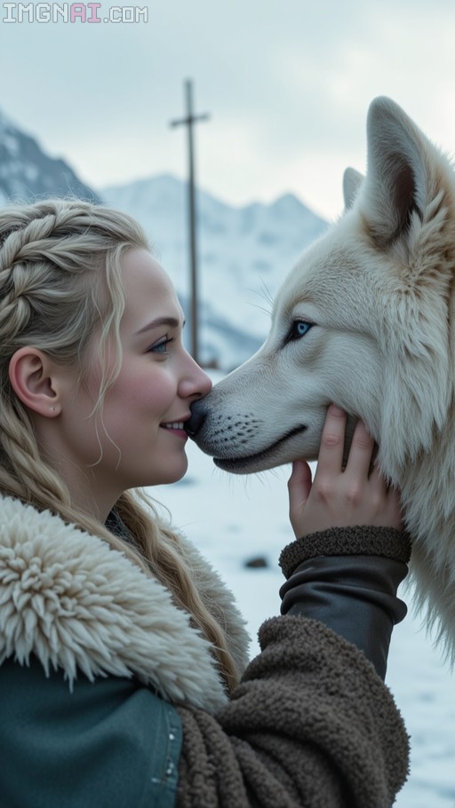A close-up profile view of a smiling blonde woman with braided hair touching noses affectionately with a large white wolf, set against a snowy mountain landscape.