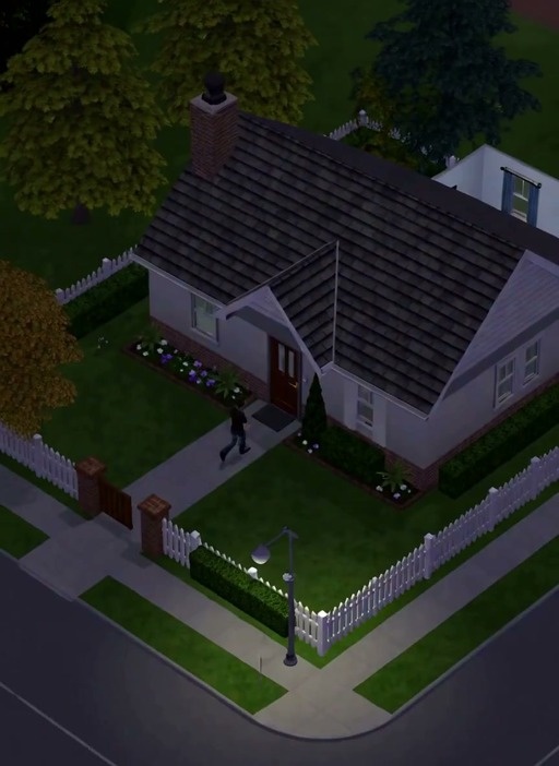 A male Sim resembling Changpeng Zhao breaks into a house at night, sets a computer with a Bitcoin chart on fire, burns a sleeping person's bed, and steals a TV in a loot bag.