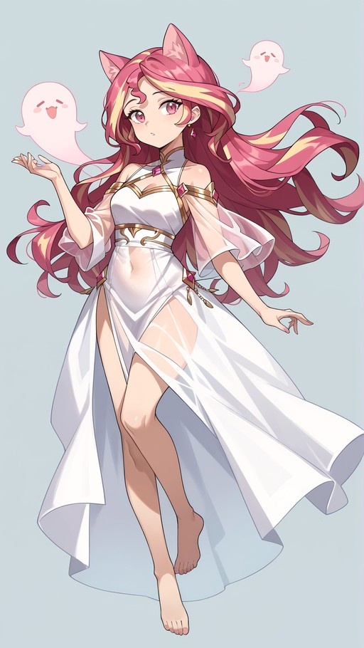 Full-body illustration of Ghost Naifu, a cat-eared girl with pink and blonde hair, floating barefoot in a sheer white dress while two small pink ghosts hover nearby.