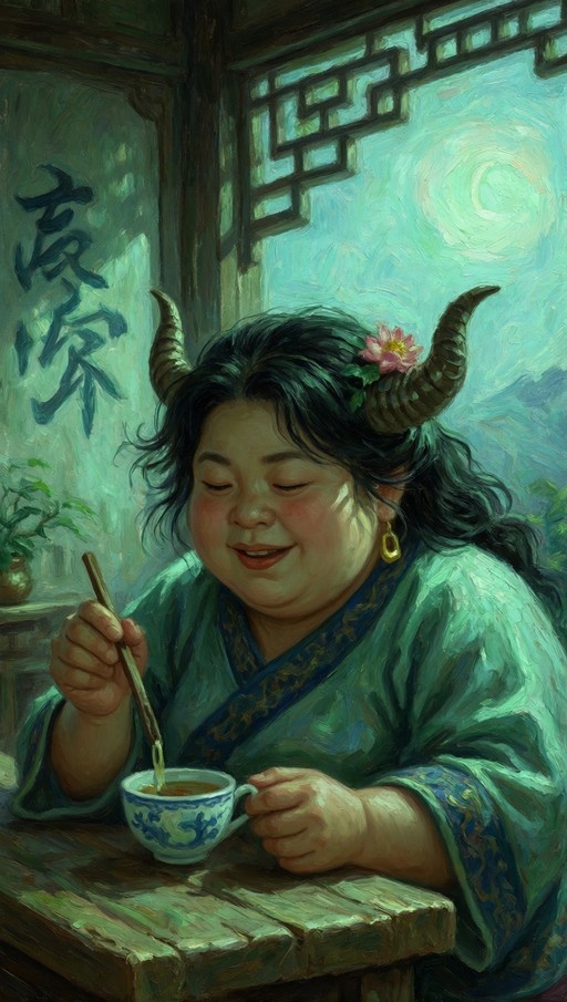 A smiling woman with curved horns and a flower in her hair sits at a table holding chopsticks over a teacup, wearing a green traditional robe against an East Asian interior backdrop.