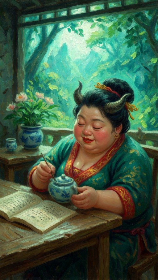 A plump woman with curved horns sits at a table pouring tea from a blue pot while reading an open book, with flowers and greenery visible through a window behind her.