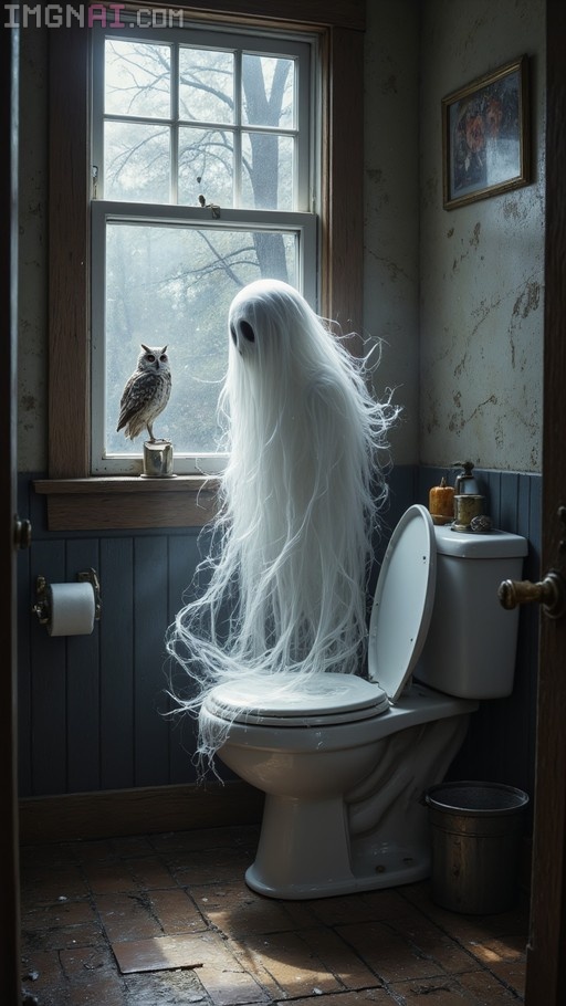 A white ghost with long hair sits on a toilet in a bathroom while an owl watches from the window.