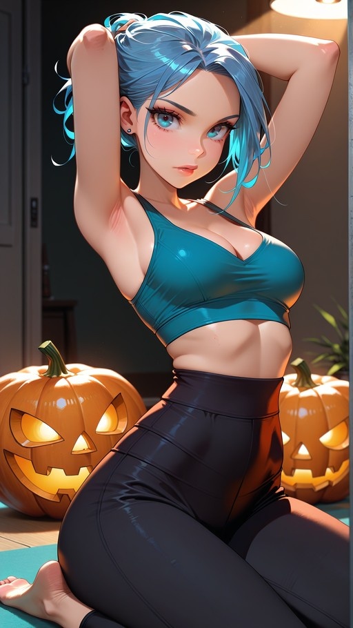 Blue-haired anime woman in a teal sports bra and black leggings kneeling on a mat with arms raised, flanked by glowing jack-o'-lanterns.