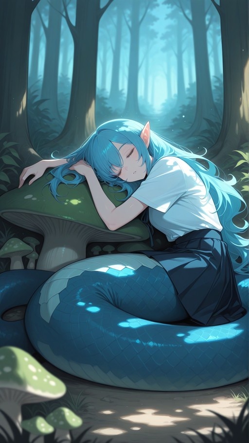 A blue-haired lamia girl with pointed ears sleeps on a large green mushroom in a sunlit forest, her long scaled tail coiled around her.