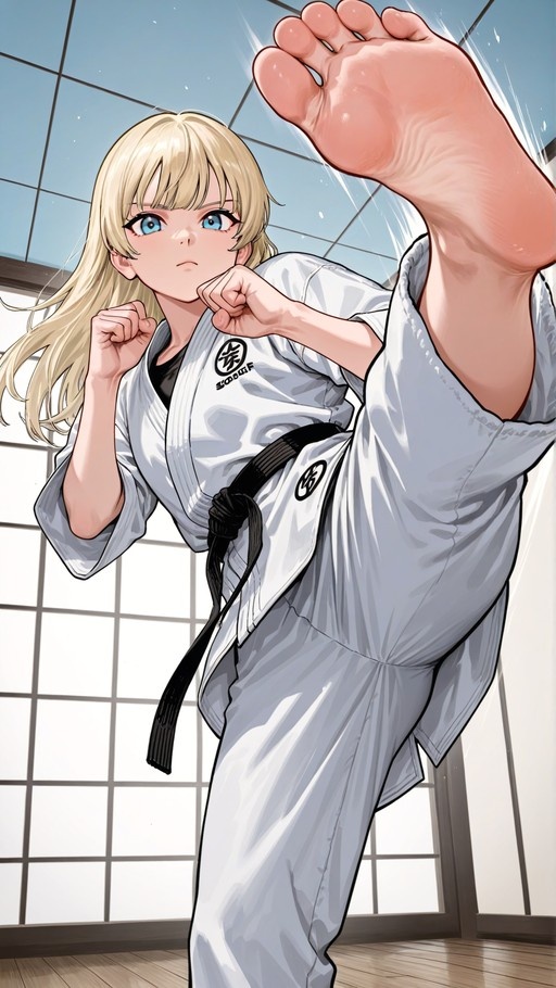 A blonde anime girl in a white martial arts uniform with a black belt performs a high kick towards the viewer, showcasing her bare foot and sole against a dojo background.