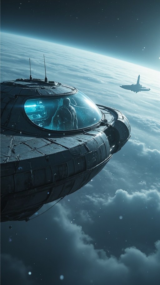 A dark, weathered spaceship with a visible pilot in the cockpit floats above a large planet covered in white clouds and blue atmosphere. Another smaller ship is seen in the distance against the starry sky.