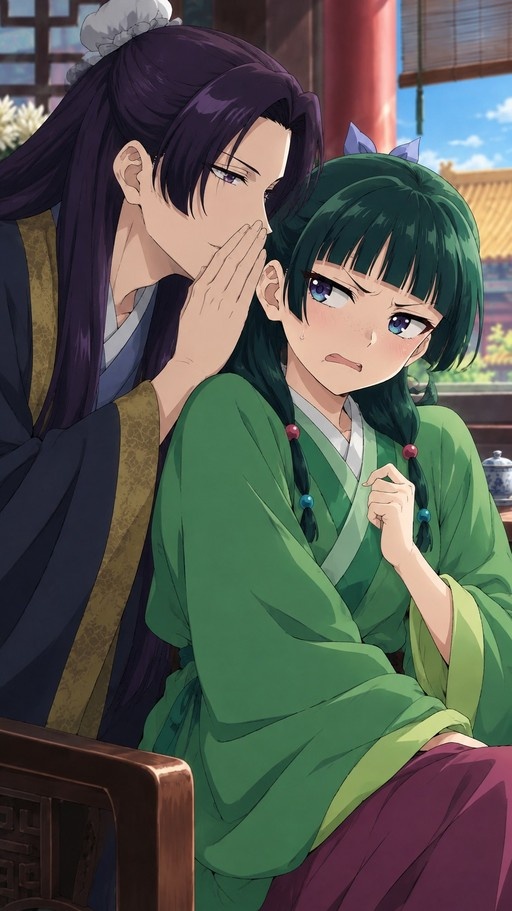 An illustration of the character Jinshi leaning in to whisper into the ear of Maomao, who wears a green outfit and looks annoyed.