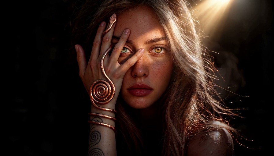 A woman with blue and gold eyes holds a copper snake ring to her face before the scene shifts to her walking through ancient stone ruins in a hooded cloak.