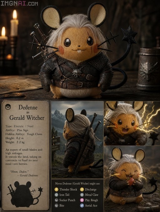 A stylized Dedenne Pokémon cosplaying as Geralt of Rivia, wearing leather armor and carrying swords on its back, seated at a candlelit table next to a character stat card.