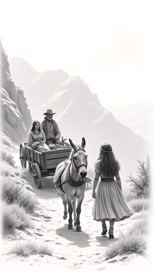 Black and white pencil drawing of a young girl walking next to a donkey pulling a wagon with an older couple inside on a mountain path.