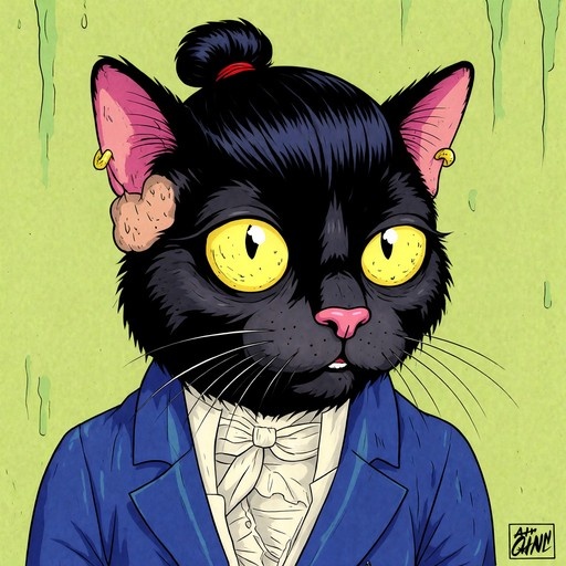 An illustration of a black cat with human features wearing a blue jacket and white ruffled shirt in a grotesque 1990s cartoon style.