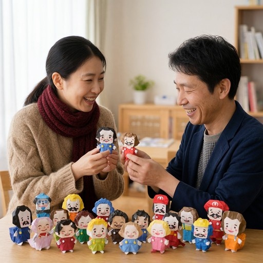 A smiling Asian couple holding up colorful origami Nintendo figures while surrounded by a large collection of similar paper characters on a wooden table.