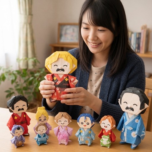 A smiling young woman holding a large origami figure of a blonde character in a red kimono, with several smaller paper dolls on the table.