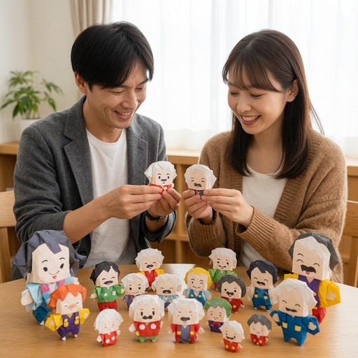 A man and woman sitting at a table holding up small origami paper figures while looking at a collection of other colorful paper characters arranged on the surface.