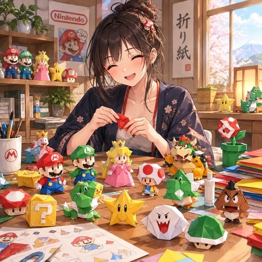 A smiling woman in a blue floral kimono folds origami at a desk covered with Nintendo characters like Mario and Peach.