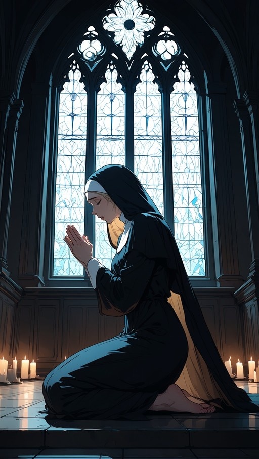 A blonde nun kneeling barefoot in prayer before a large stained glass window with candles on the floor.