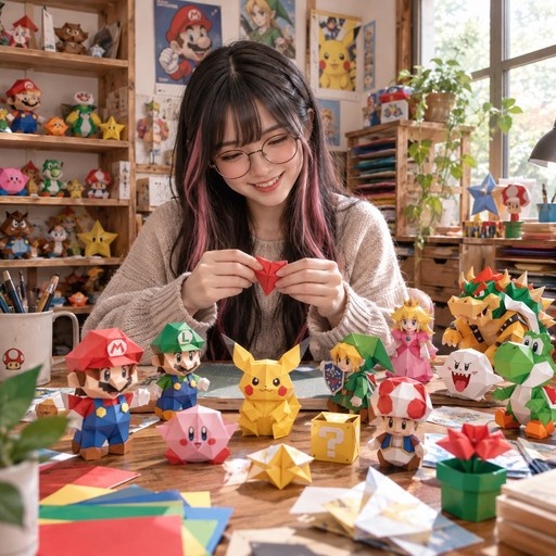 A smiling young woman with glasses folds red paper at a table covered in origami Nintendo characters like Mario, Pikachu, and Link.
