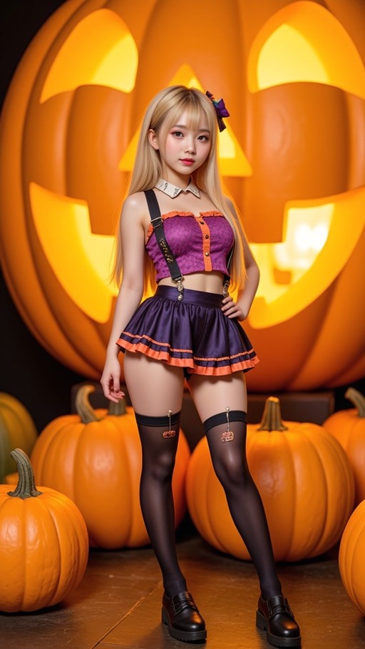A blonde woman in a purple and orange Halloween costume stands with one hand on her hip in front of a large glowing jack-o'-lantern and pumpkins.