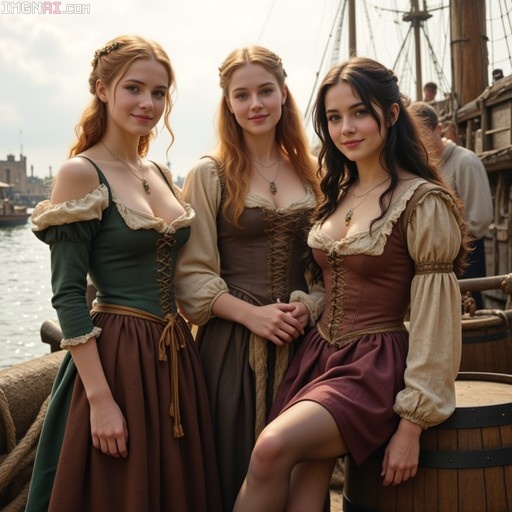 Three young women in Elizabethan clothing standing and sitting by a harbor with ships.