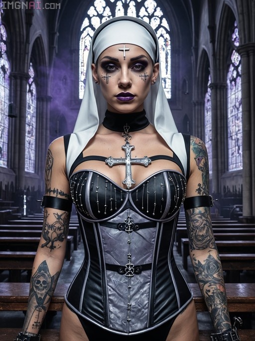 A woman with face and arm tattoos wearing a white nun's veil, black corset, and large silver cross necklace stands in a church with stained glass windows.