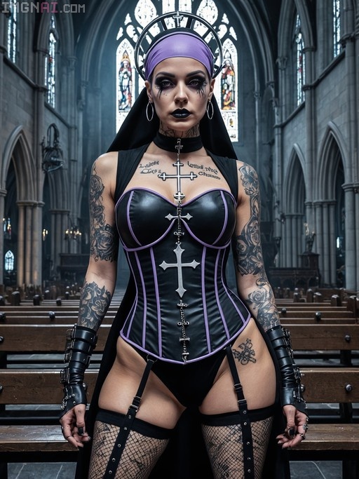 A tattooed woman dressed as a gothic nun wearing a black corset with purple trim, fishnet stockings, and silver crosses standing inside a cathedral.