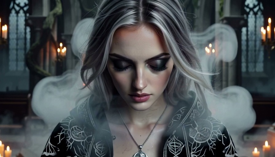 A silver-haired woman in a dark embroidered cloak transforms into a winged vampire with glowing red eyes and fangs inside a dark, candlelit cathedral ruin.