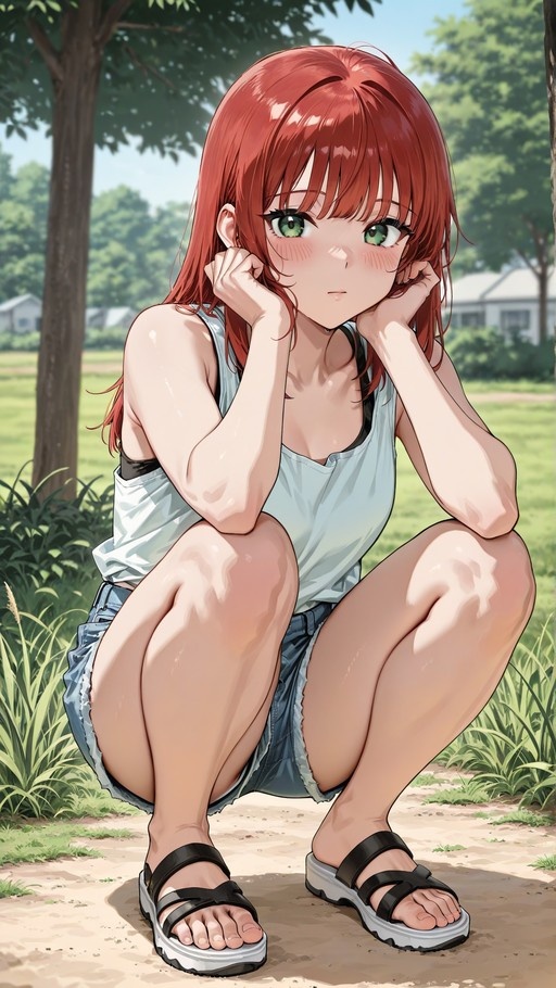 A full-body digital illustration of a red-haired anime girl squatting outdoors on a sunny day, wearing a white tank top and denim shorts with black sandals.