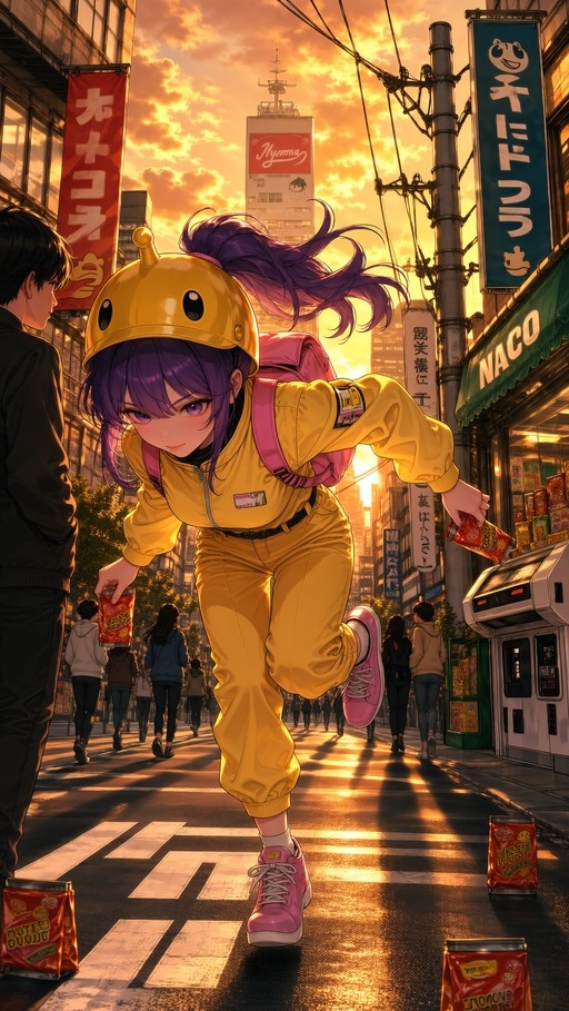 A purple-haired girl in a yellow Pac-Man helmet and tracksuit runs down a Tokyo street at sunset holding snacks.