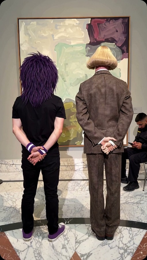 A man with shaggy purple hair and a man in a brown suit with a blond bowl cut stand facing an abstract painting before bursting into energetic dance moves while a security guard watches from the background.