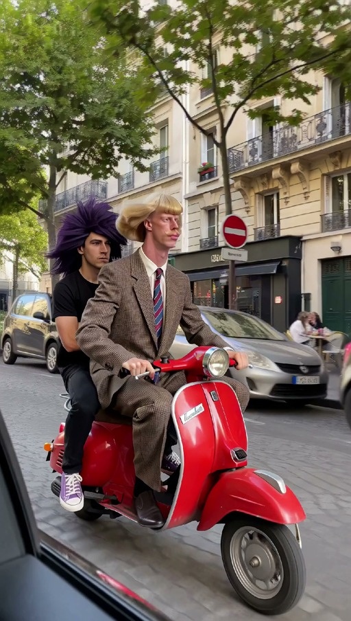Two men on a red scooter stop at a traffic light; the driver in a suit shadowboxes while the passenger with spiky purple hair headbangs.