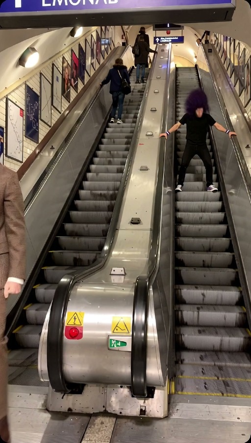 Two men on parallel escalators; one with purple hair headbangs while a man in a suit with a blond bob and moustache shadowboxes.