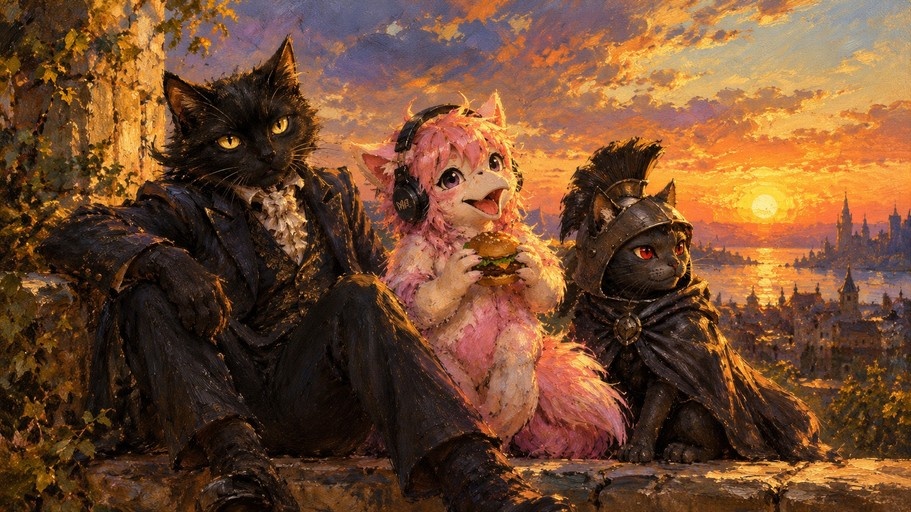 Three anthropomorphic cats sitting on a wall at sunset, one eating a burger.