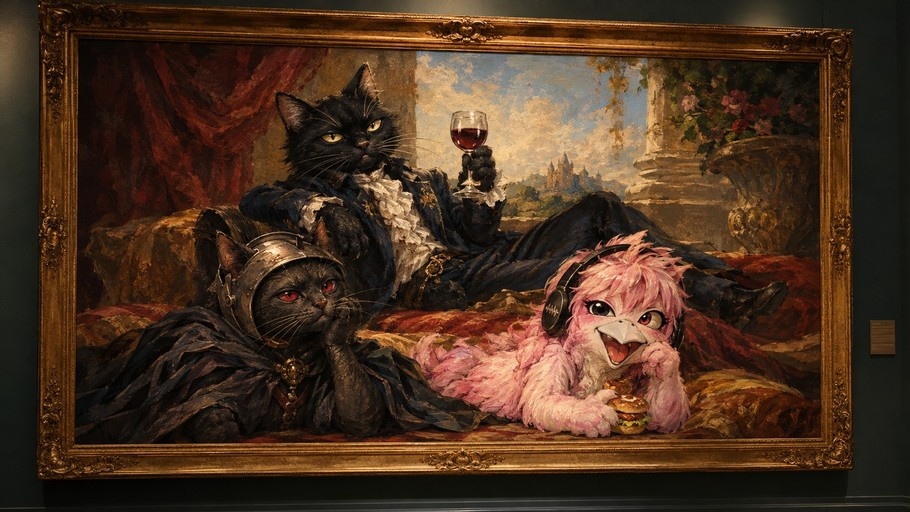 Three anthropomorphic animal characters lounging in a framed classic painting, including a black cat with wine and a pink furry creature eating a burger.
