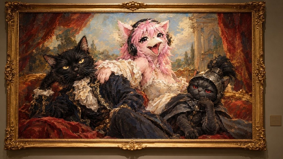 A framed oil painting hanging in a museum featuring Super Sonico and two other anthropomorphic cat characters lounging together in an impressionistic style.