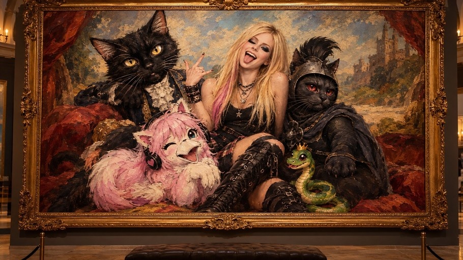 A framed impressionistic painting in a museum shows Avril Lavigne posing with three cats and a small green snake.