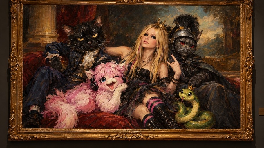 A classic oil painting in a gold frame shows Avril Lavigne sitting on a red couch with three costumed cats and a green snake.