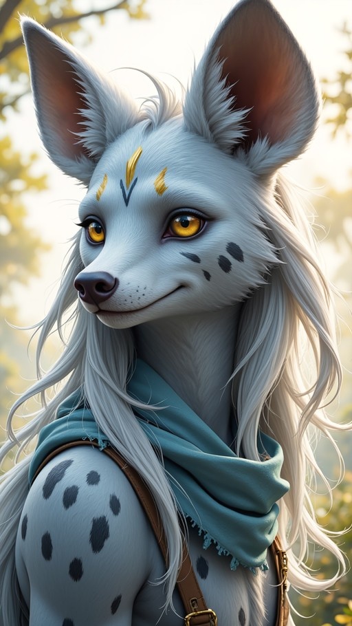 A close-up portrait of an anthropomorphic white hyena with long hair, golden eyes, and dark spots wearing a blue scarf.